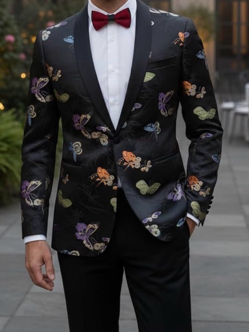 Men's Black Floral Butterfly Jacket - Elegant Tux Blazer - Picture 7 of 10